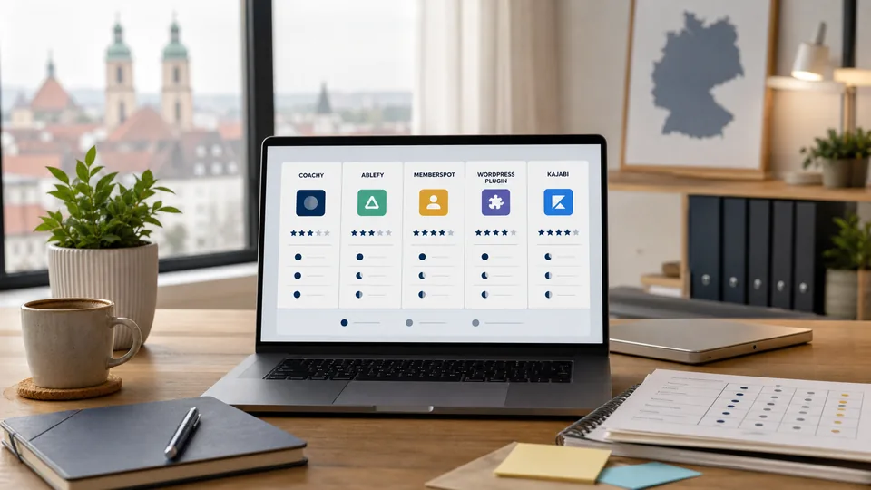 Arbeitsplatz mit Entscheidungsnotizen fuer COACHY Alternativen und Kursplattformen