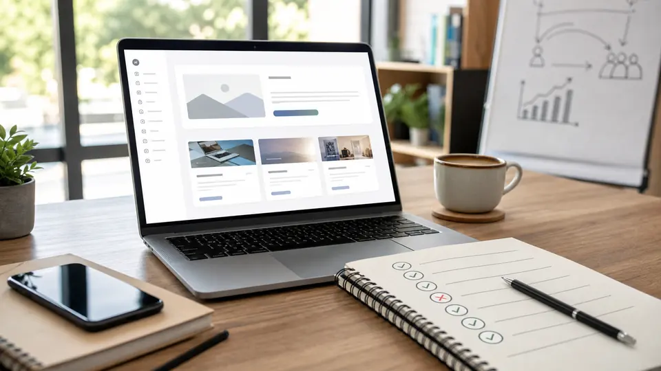 Arbeitsplatz mit Kursplattform-Dashboard und Entscheidungsnotizen fuer COACHY