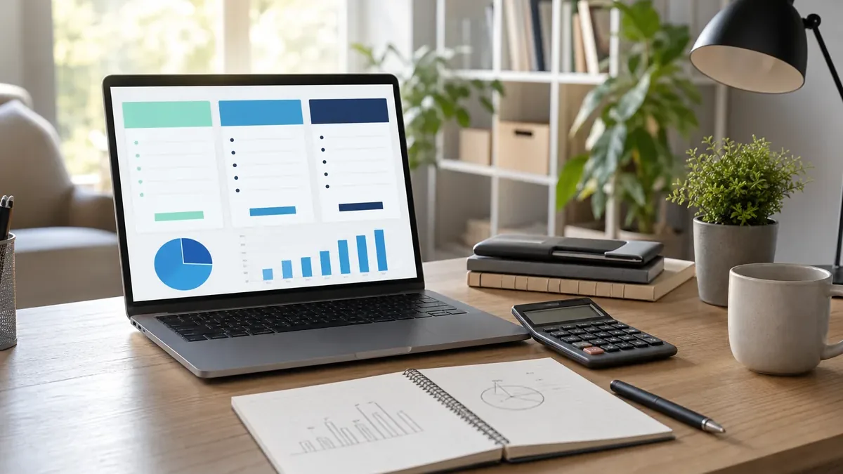 Schreibtisch mit Laptop, Budgetnotizen und Tarifvergleich fuer COACHY Kosten