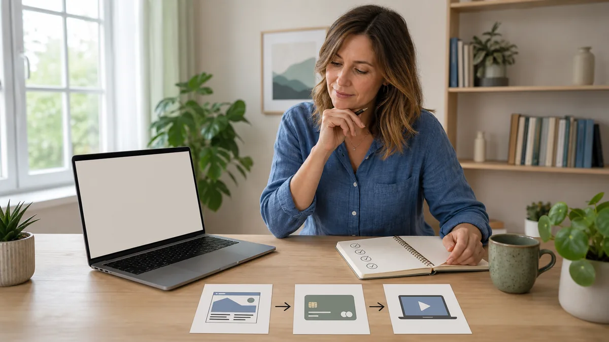 Coach prüft einen kleinen Onlinekurs, eine Landingpage und den ersten Mitgliederzugang