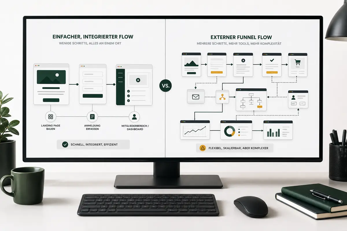 Vergleich zwischen einem einfachen integrierten Kursverkauf und einem komplexen externen Funnel-Setup