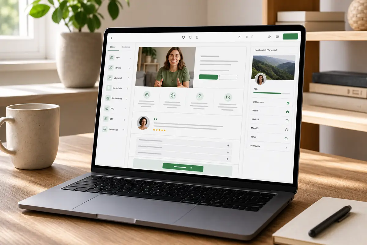 Laptop mit modular aufgebauter Kurs-Landingpage und Vorschau eines Mitgliederbereichs