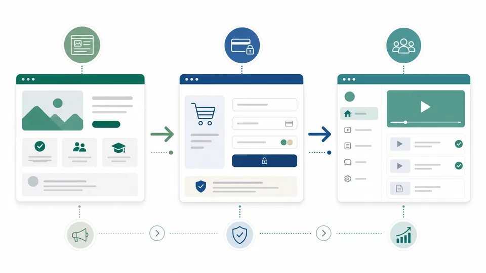 Abstrakter Ablauf von Landingpage, Zahlung und Mitgliederbereich fuer einen Onlinekurs