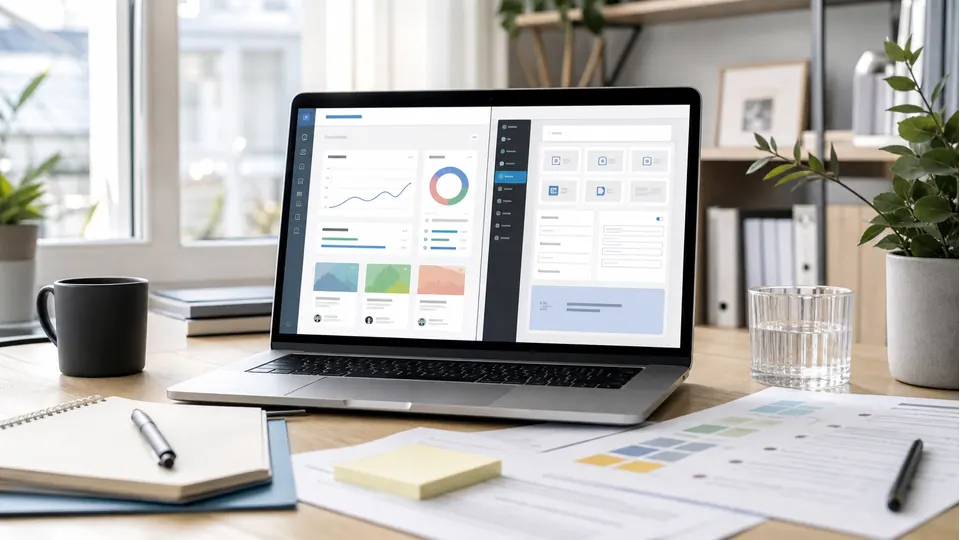 Laptop mit Kursplattform-Dashboard und WordPress-Plugin-Stack als Entscheidungsvergleich zwischen COACHY und Digimember