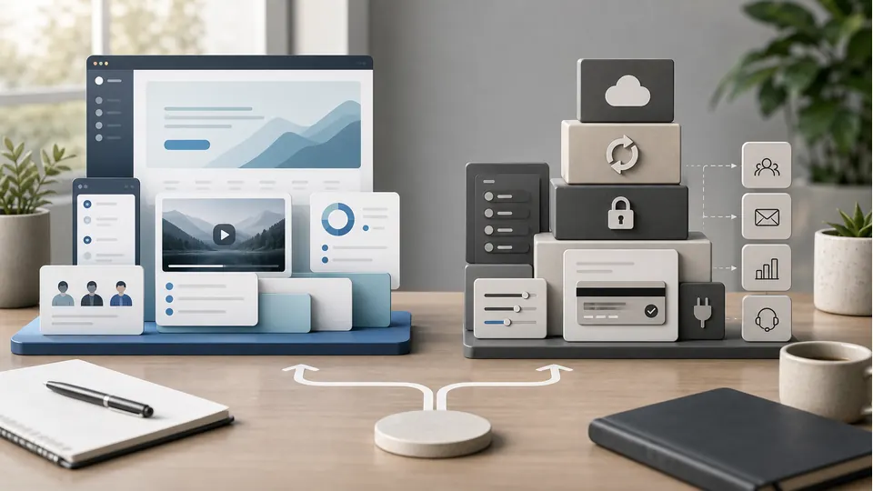 Visueller Vergleich zwischen gehosteter Kursplattform und WordPress-Plugin-Stack fuer Mitgliederbereiche
