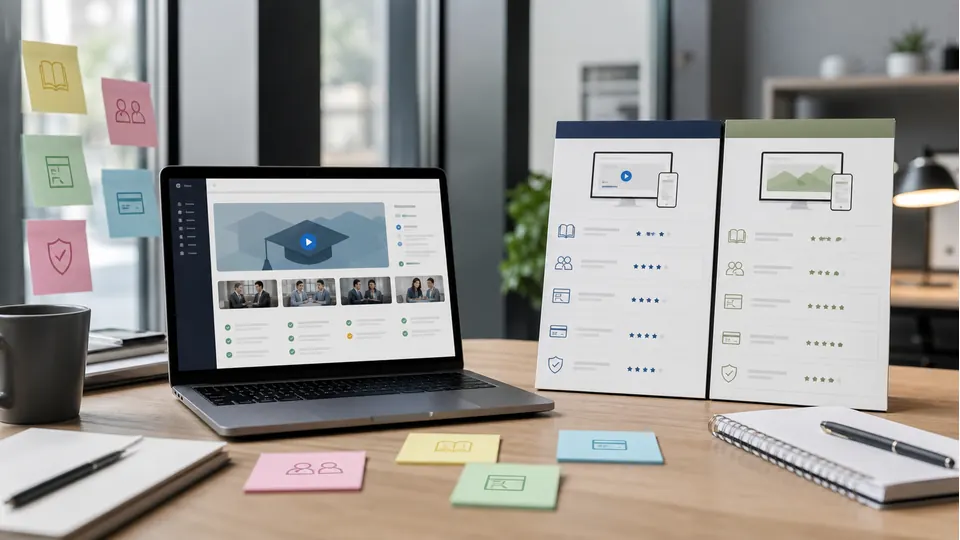 Schreibtisch mit Kursplattform Dashboard und Vergleichstafeln fuer COACHY und Memberspot