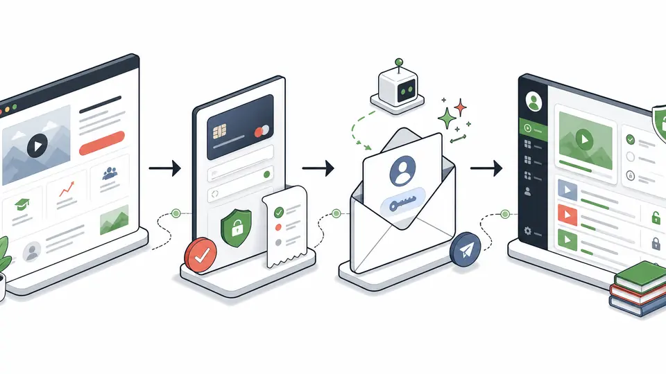 Illustration des Kundenwegs von der Kurs-Landingpage über Checkout und Zugangsmail zum Mitgliederbereich