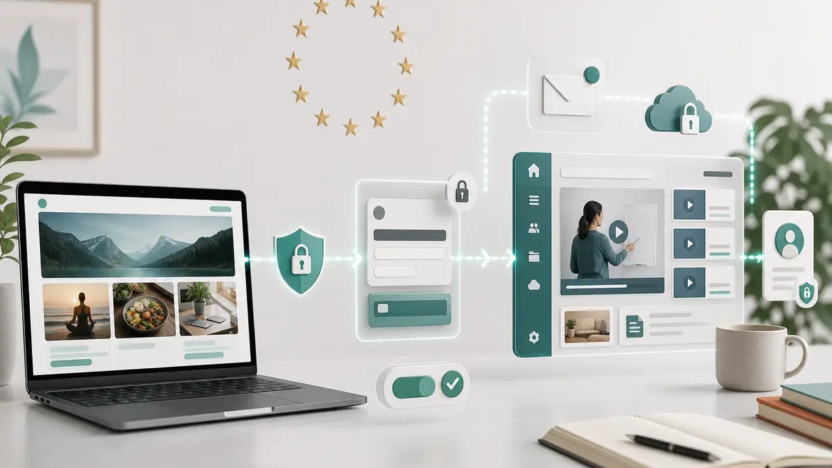 Sicherer Datenfluss von einer Kurs-Landingpage über den Checkout in einen geschützten Mitgliederbereich
