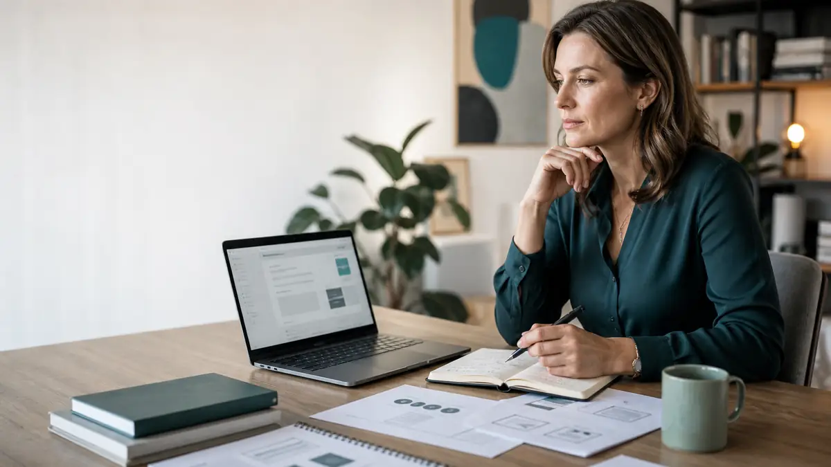 Beraterin plant am Laptop einen digitalen Kundenbereich und ein Onlinekurs-Angebot