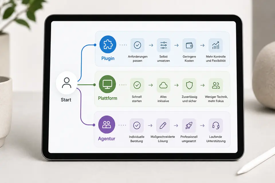 Entscheidungsdiagramm fuer Plugin, Plattform oder Agentur beim Mitgliederbereich