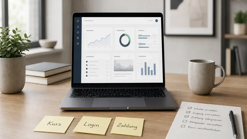 Laptop mit Kursplattform Dashboard, Login und Zahlungscheckliste fuer einen Mitgliederbereich ohne WordPress