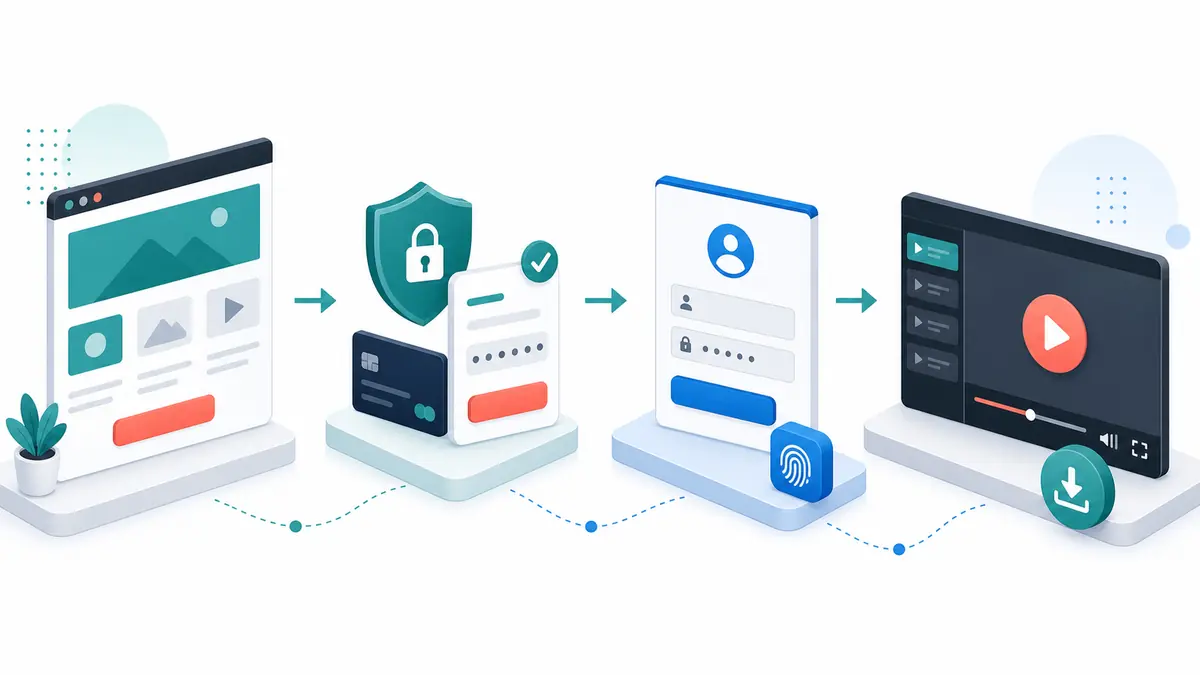 Kundenweg von Landingpage über Zahlung und Login bis zur ersten Kurslektion