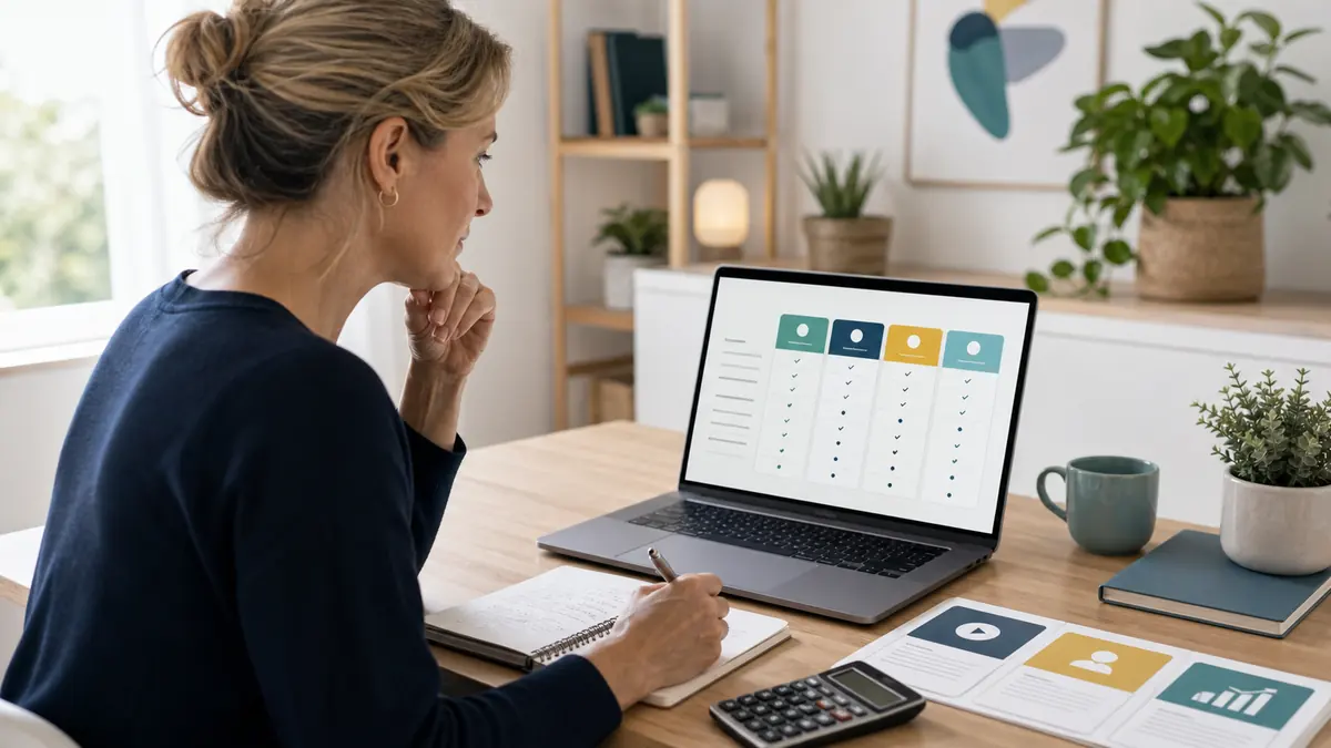 Coach vergleicht Online-Kurs-Plattformen am Laptop mit Kosten- und Funktionsübersicht