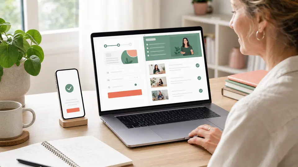 Coach prüft Checkout und Mitgliederbereich für den Verkauf eines Onlinekurses