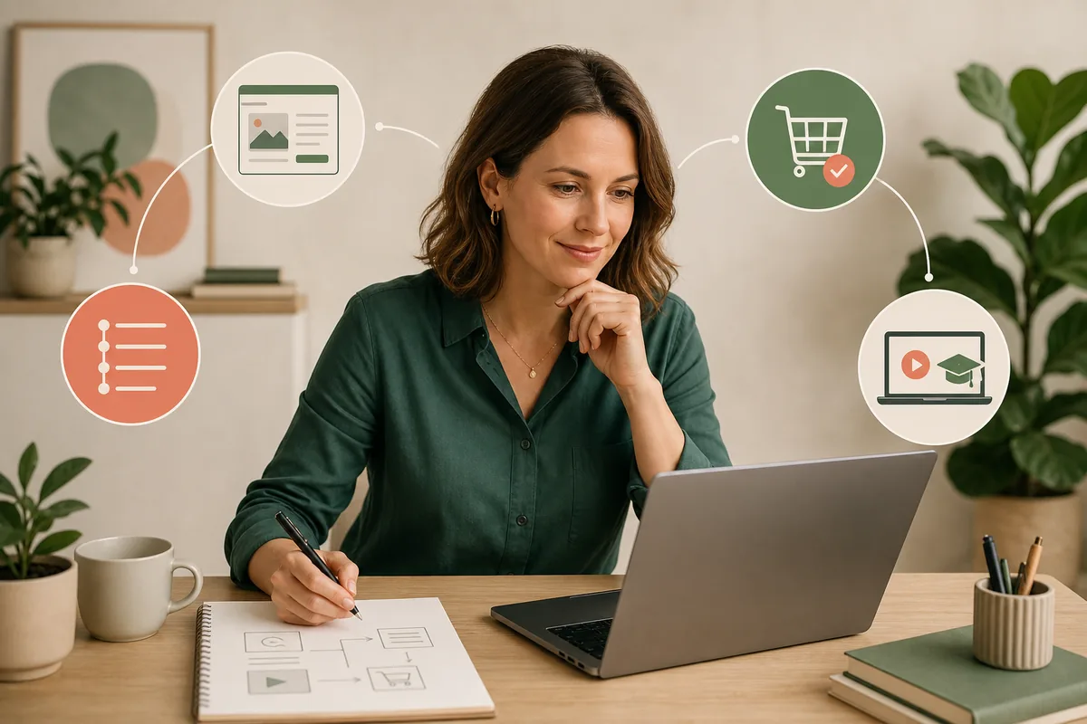 Coach plant den Weg von der Onlinekurs-Landingpage bis zum geschützten Kursbereich