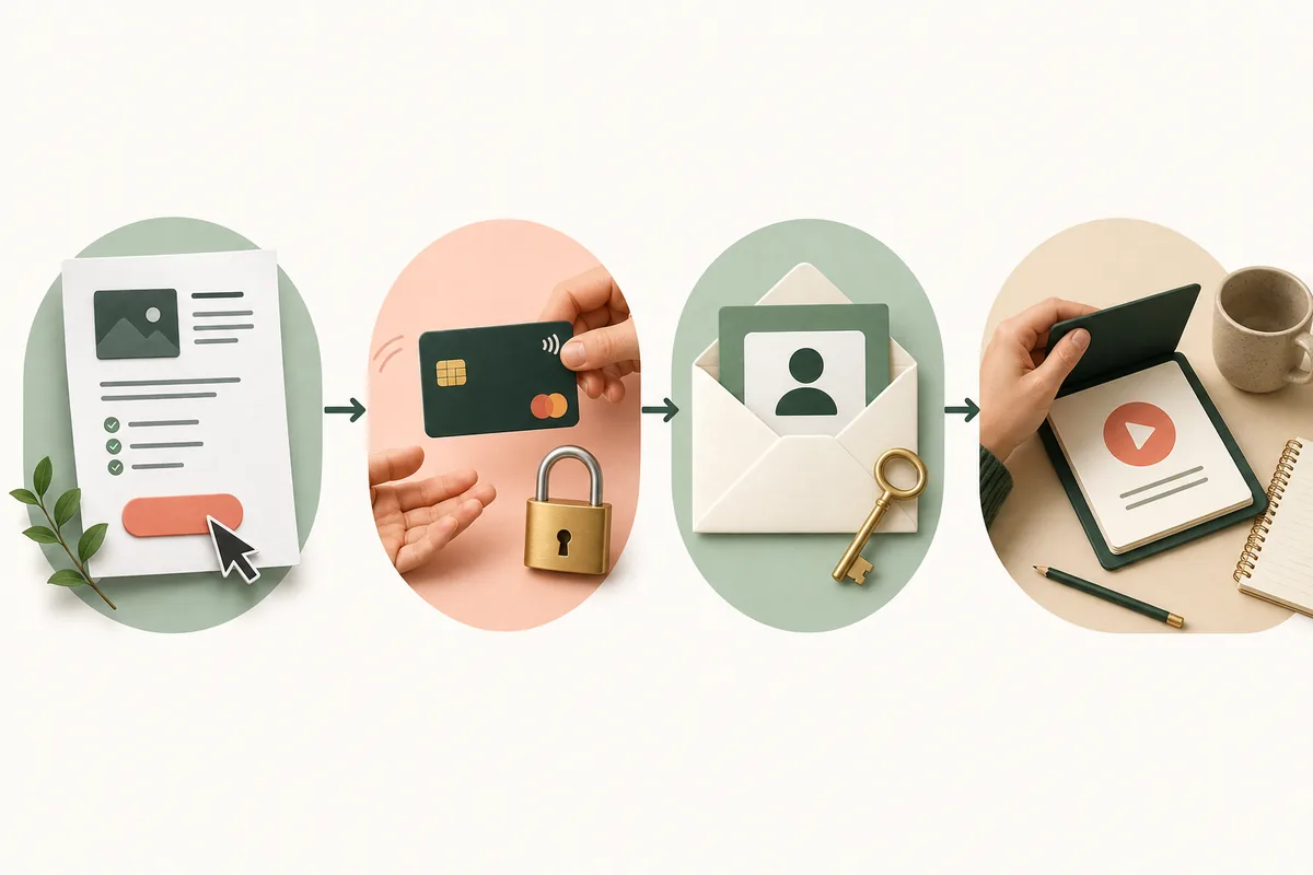 Vierstufiger Kundenweg von der Kurs-Landingpage über Checkout und Zugangsmail bis zur ersten Lektion