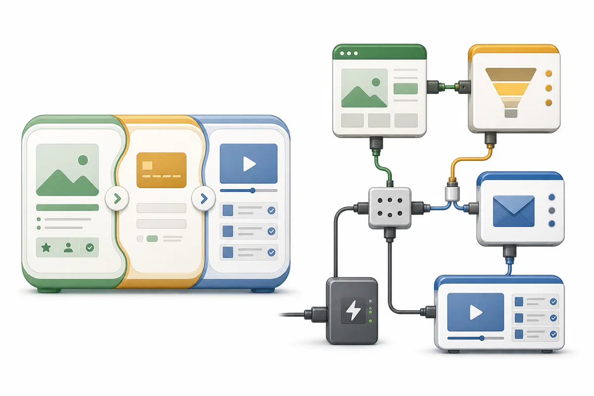 Illustrativer Vergleich zwischen integrierter Kursplattform und verbundenem Marketing-Tool-Stack