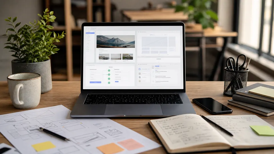 Schreibtisch mit Kursdashboard, Landingpage Skizze und Checkout-Plan fuer einen Onlinekurs ohne WordPress