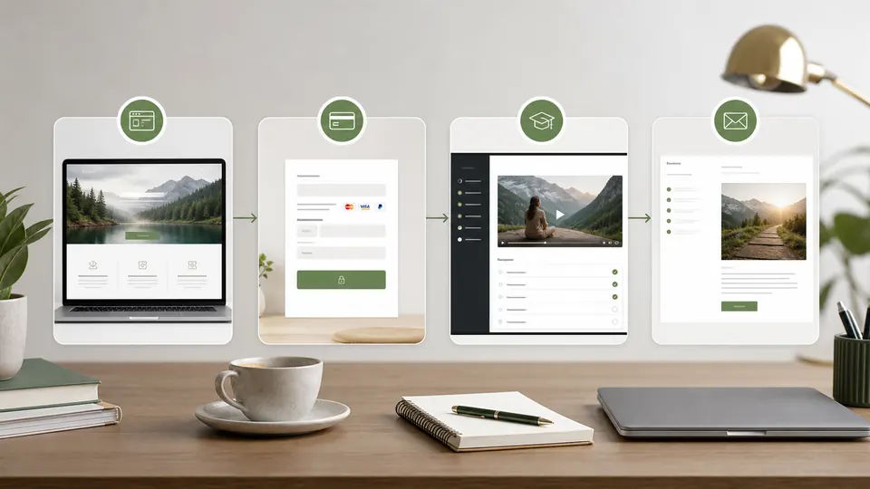 Visualisierter Ablauf von Landingpage, Checkout, Kurszugang und Willkommensmail fuer einen Onlinekurs