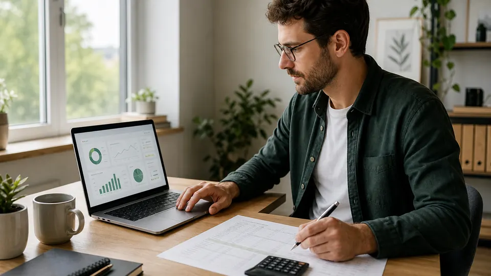 Kursanbieter kalkuliert die Kosten seiner Onlinekurs-Plattform am Schreibtisch