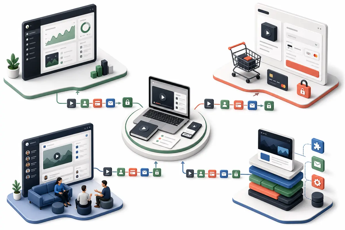 Vier Plattformtypen rund um Kursinhalt, Checkout, Community und modulares Website-Setup