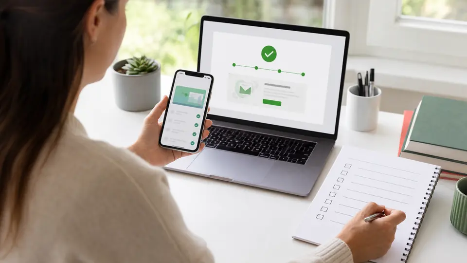 Kursanbieterin prüft eine Testbestellung auf Laptop und Smartphone mit Checkliste
