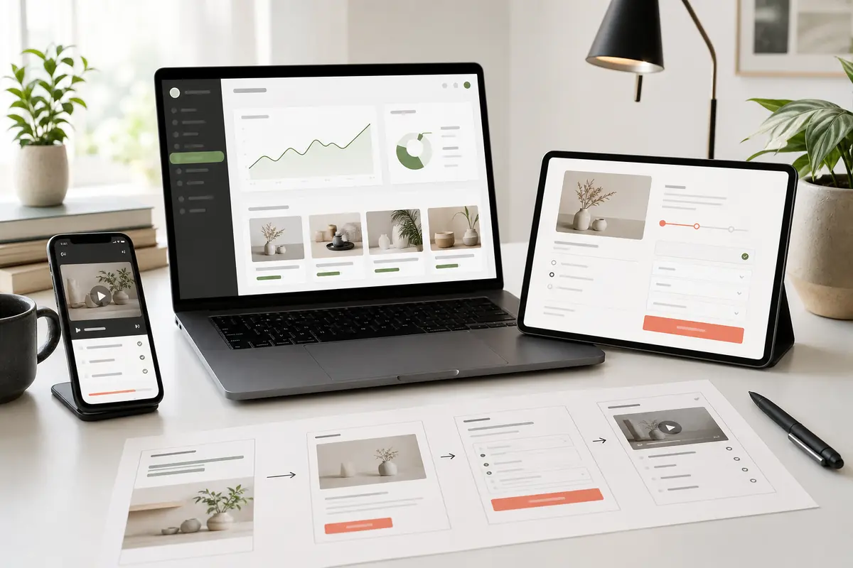 Arbeitsplatz mit Kursplattform, Checkout und mobilem Mitgliederbereich für den Onlinekurs-Verkauf
